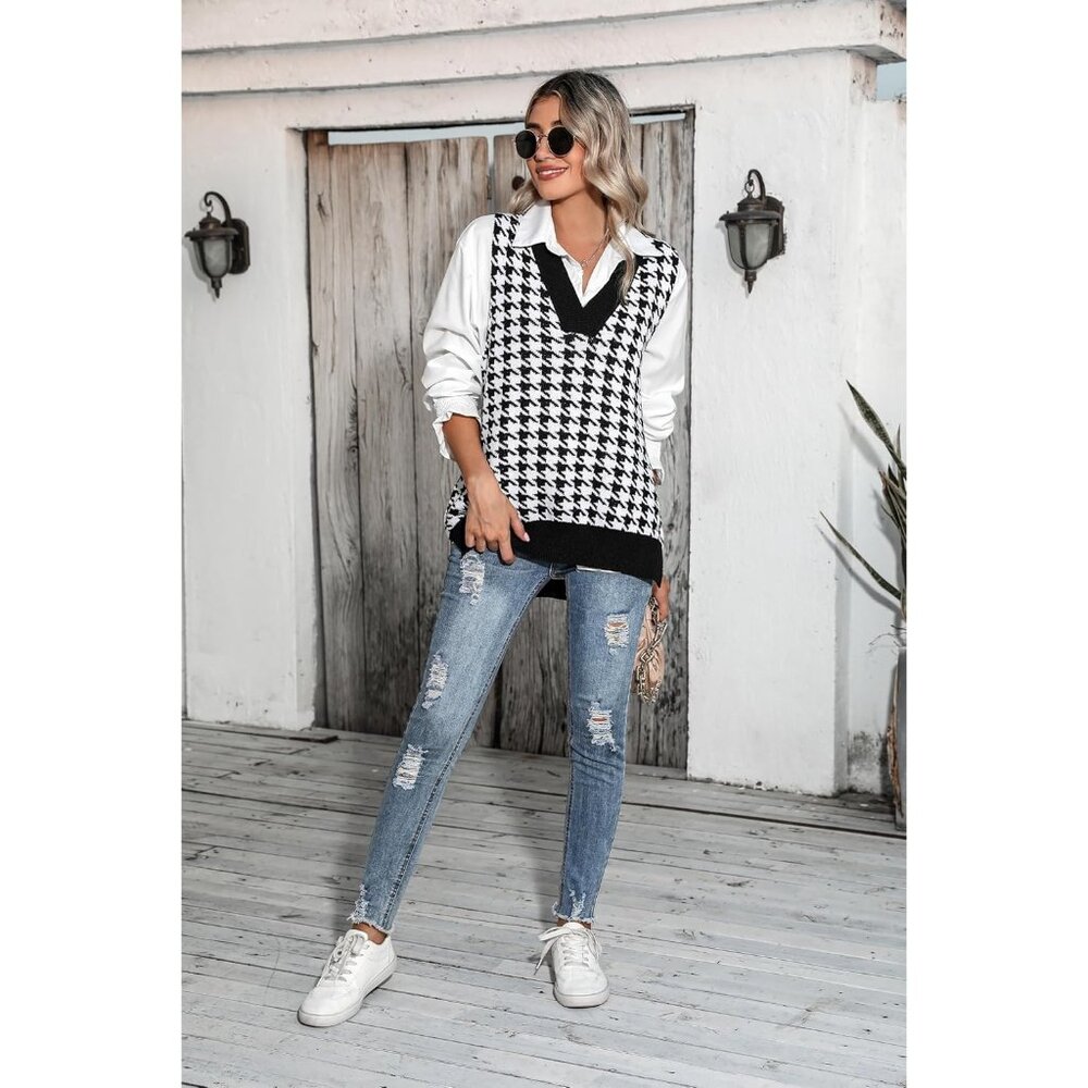 Women Black White Sweater Vest Sleeveless V Neck Oversized Knitted Pullover Fall - Picture 5 of 5